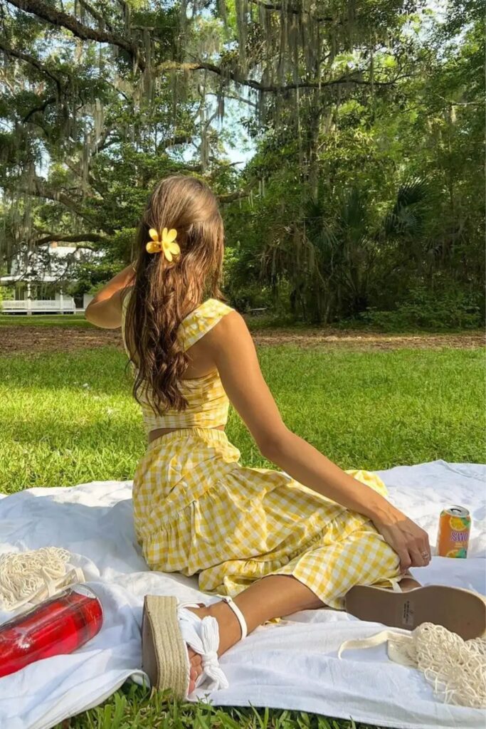 Yellow Gingham Dress with Espadrille Sandals