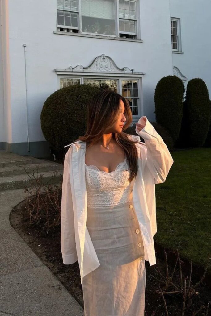 White Lace Corset Dress with Oversized Shirt