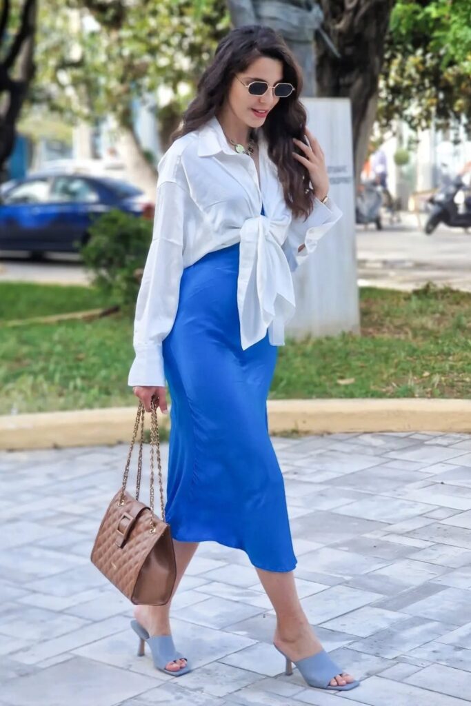 Tie-Front Shirt and Midi Skirt