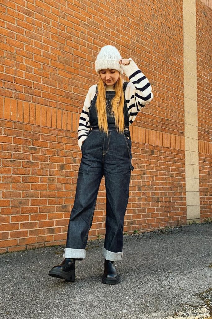 Striped Sweatshirt and Denim Overalls