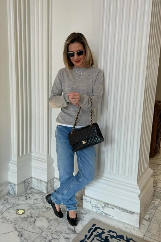 Gray Crewneck Sweatshirt and Straight-Leg Jeans