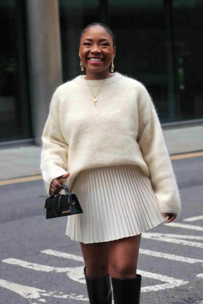 Fuzzy Knit Sweater and Pleated Mini Skirt
