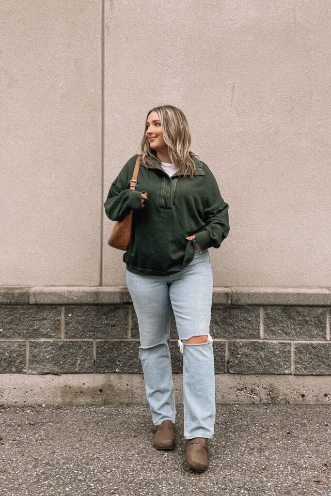 Dark Half-Zip Pullover and Distressed Jeans