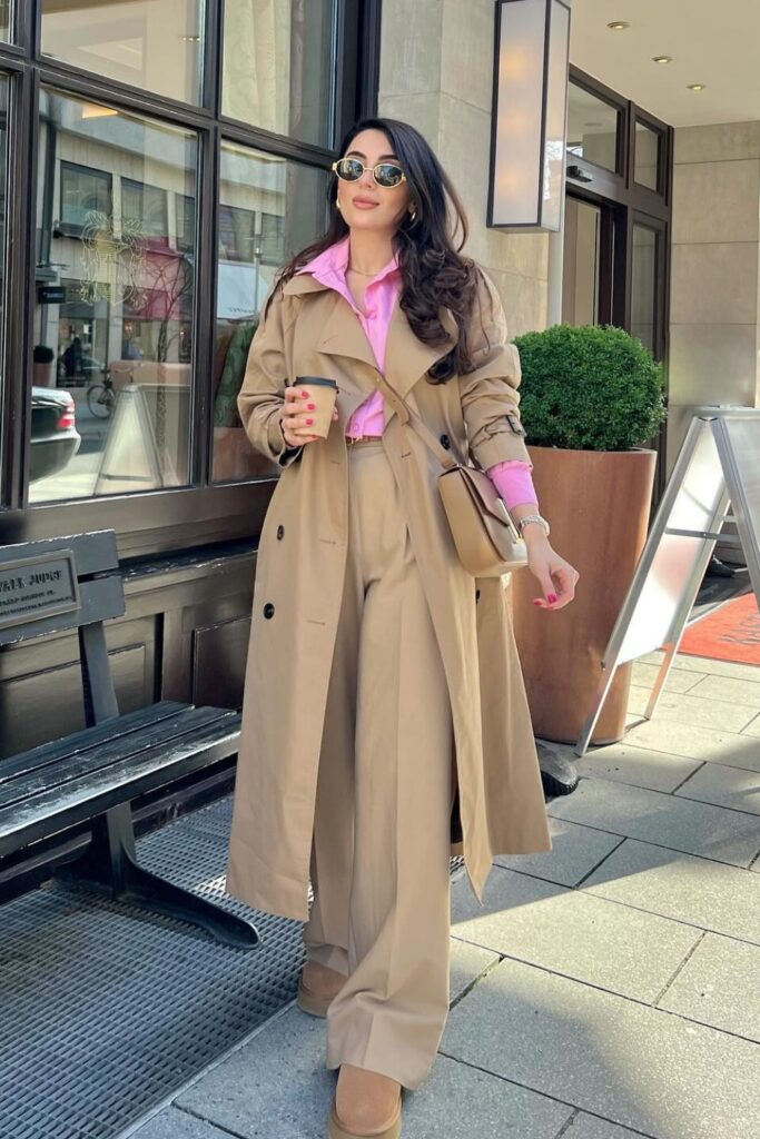 Beige Trench Coat with Pink Button-Up and Wide-Leg Pants