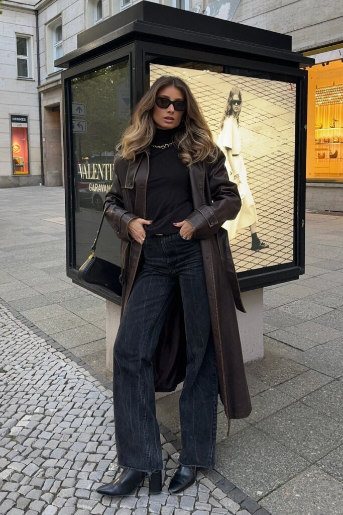 Brown Leather Trench with Black Turtleneck
