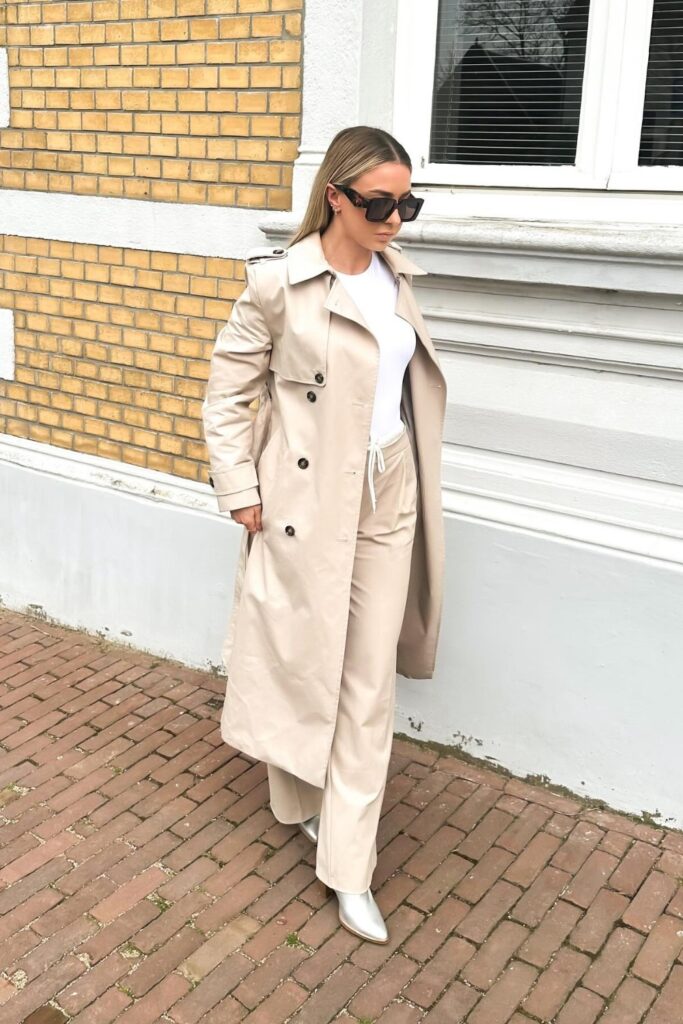 Beige Trench with White Tee and Cream Pants
