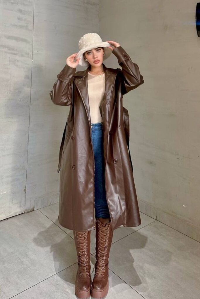 Brown Leather Trench with Knit Top and Jeans