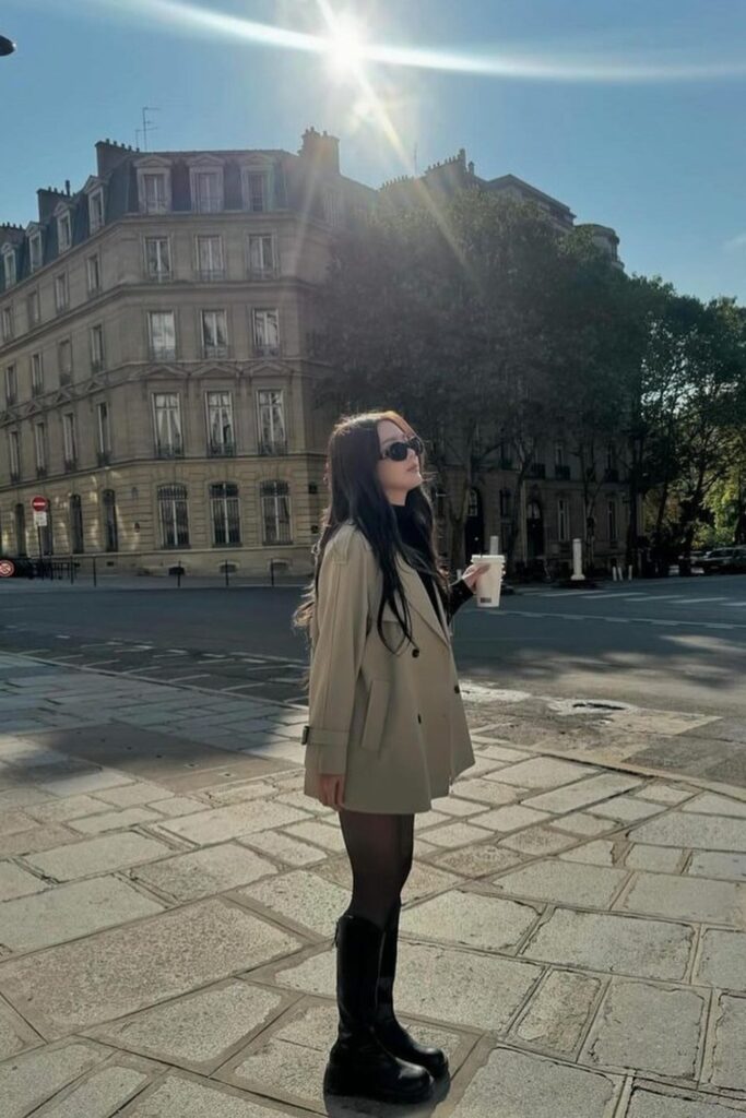 Beige Trench with Black Tights and Platform Boots