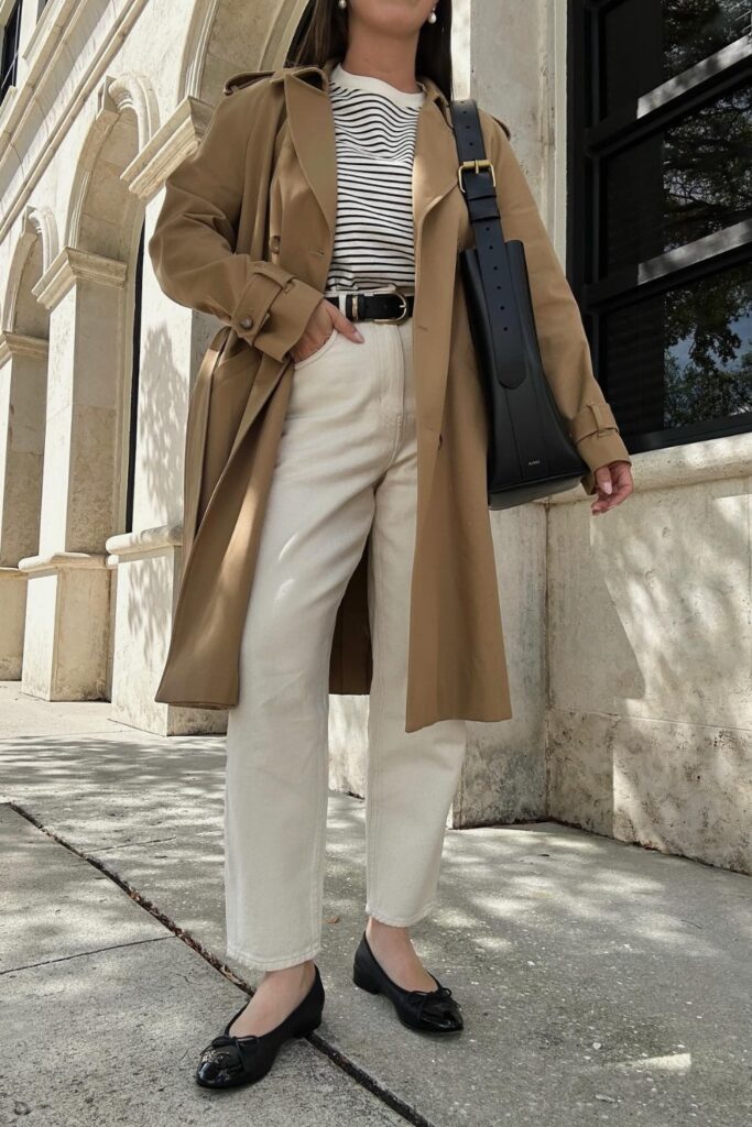 Beige Trench with Striped Knit and White Jeans