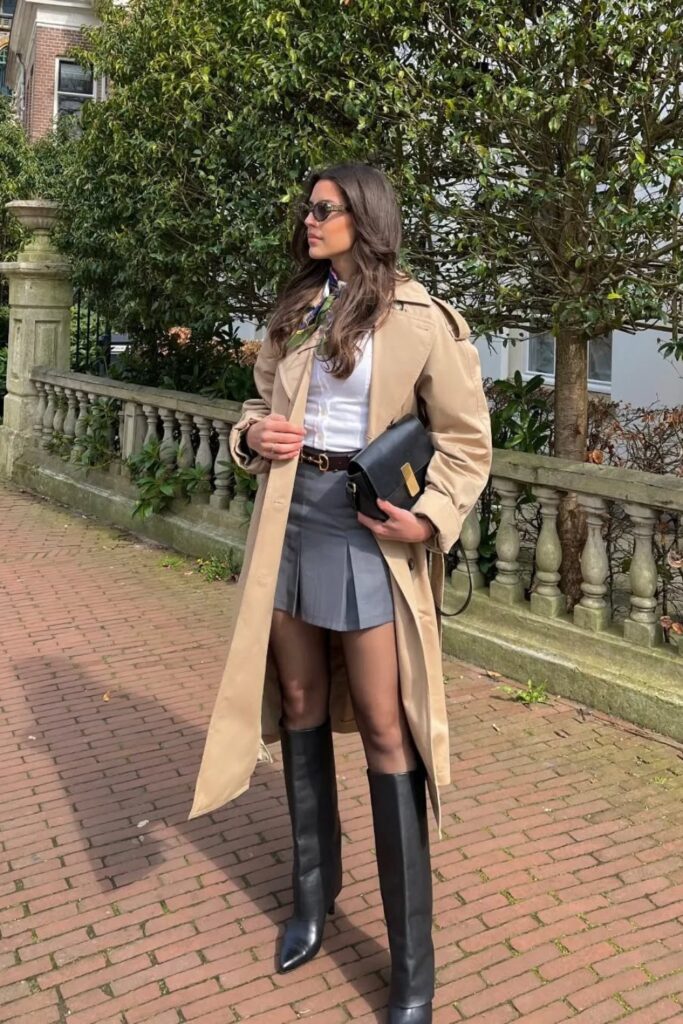 Beige Trench with Button-Up and Pleated Mini Skirt