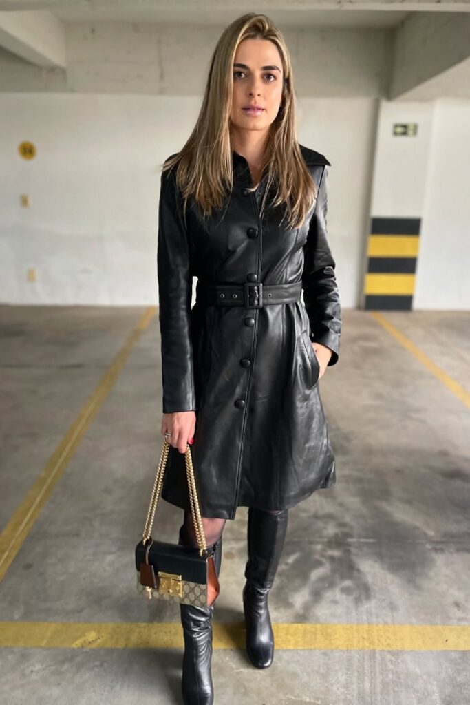 Black Leather Trench Coat with Knee-High Boots