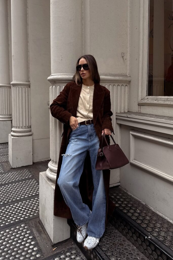 Brown Corduroy Trench with Button-Up Sweater