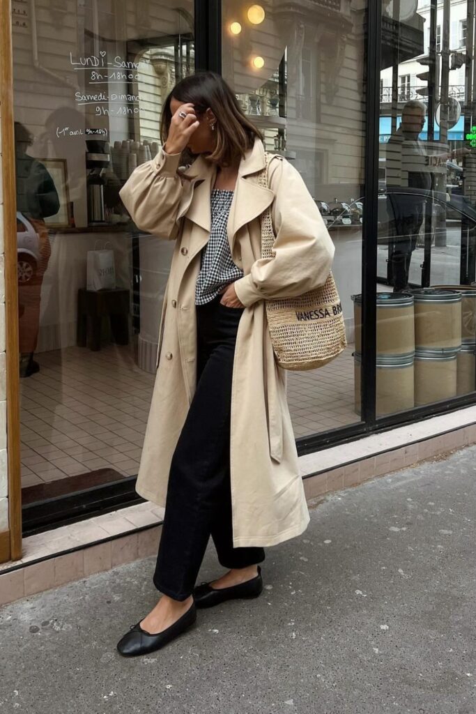 Beige Trench with Gingham Top and Black Pants