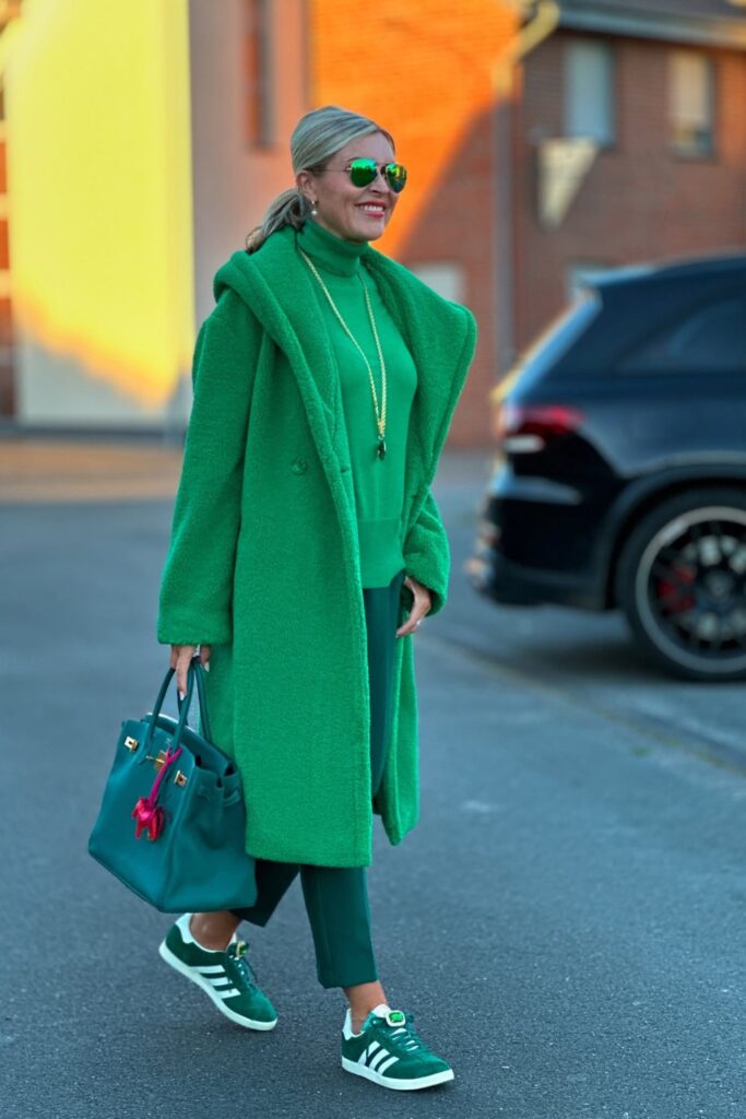 Bright Green Monochromatic Trench Outfit
