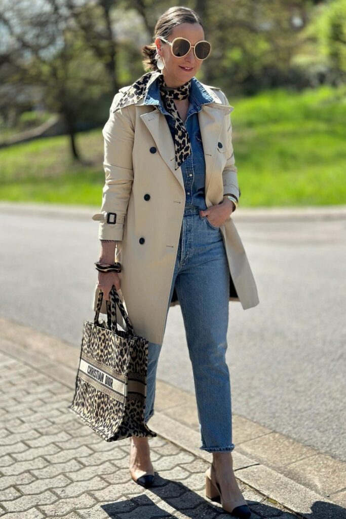 Beige Trench with Denim Shirt and Leopard Scarf