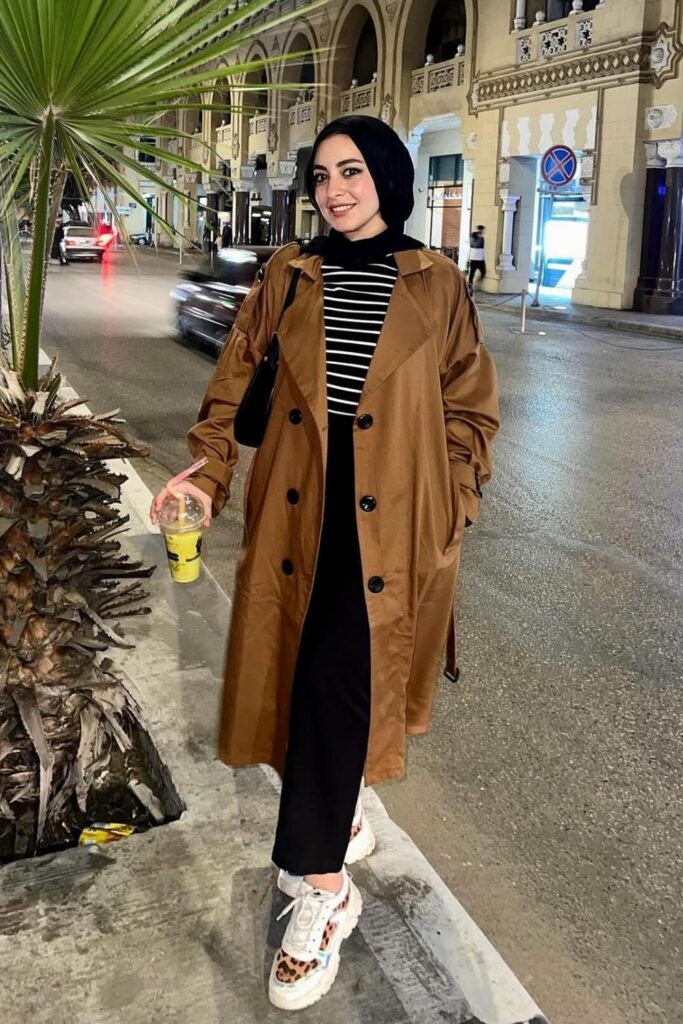 Brown Trench with Striped Turtleneck