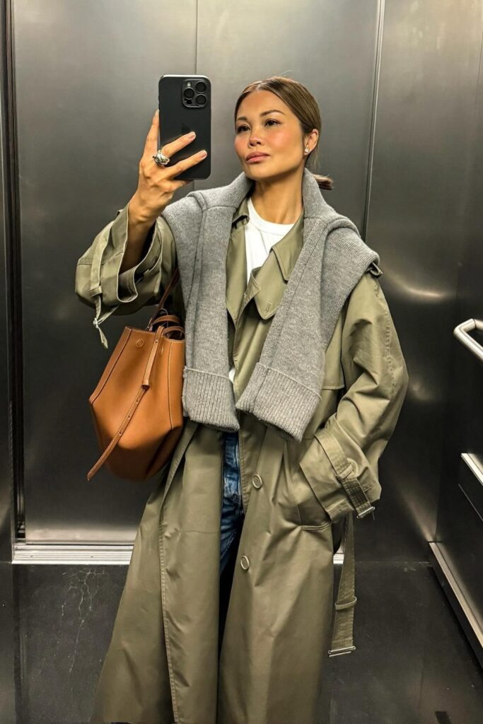 Olive Green Trench with White Tee and Denim