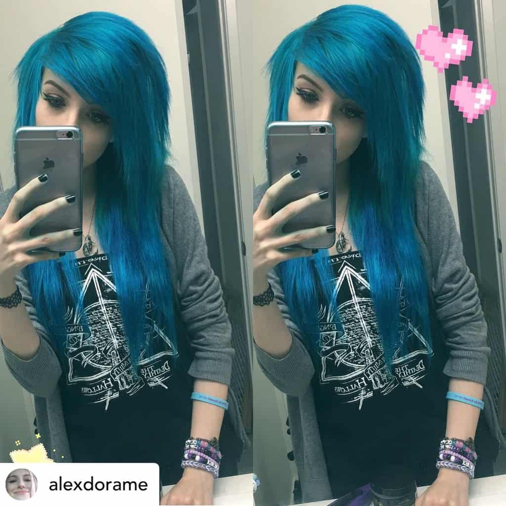 Emo scene bangs on beautiful blue hair.