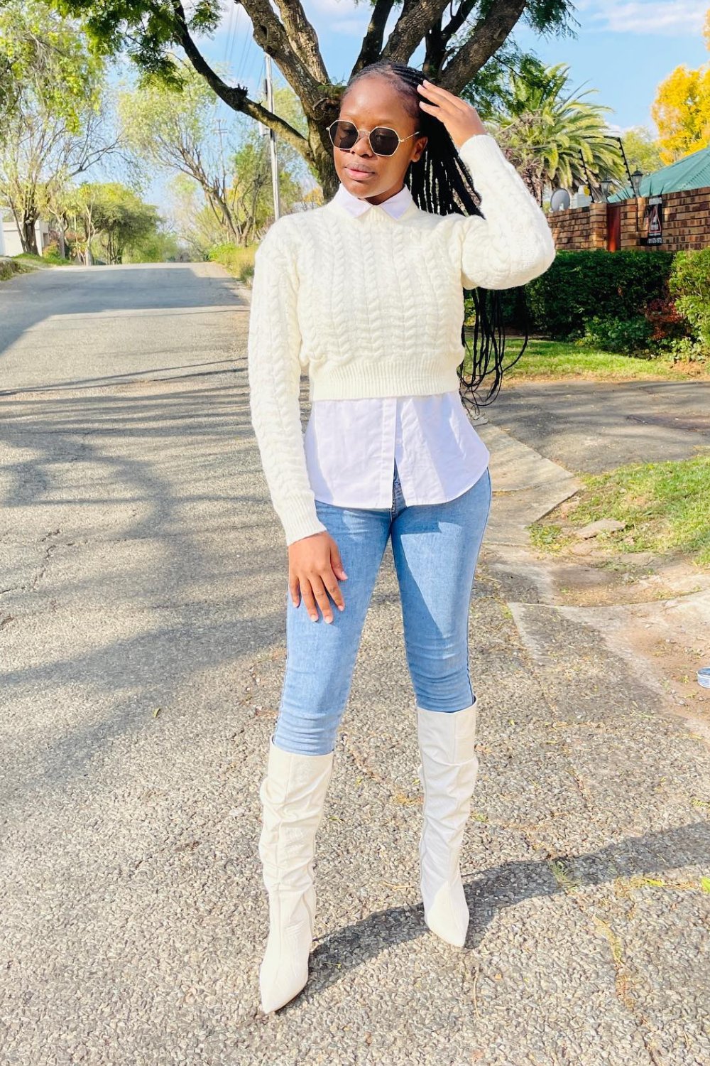 white-boot-outfits-16 Cable Knit Cropped Sweater, Button-Up, Jeans & Knee-High Boots