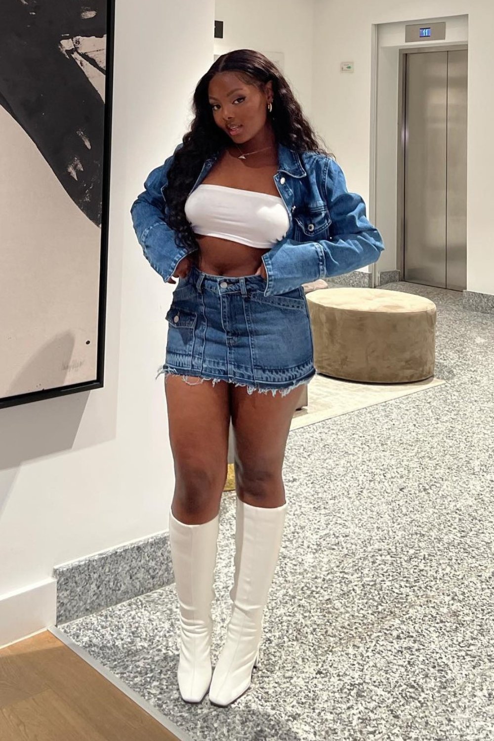 white-boot-outfits-2 Blue Denim Coord & Knee-High White Boots