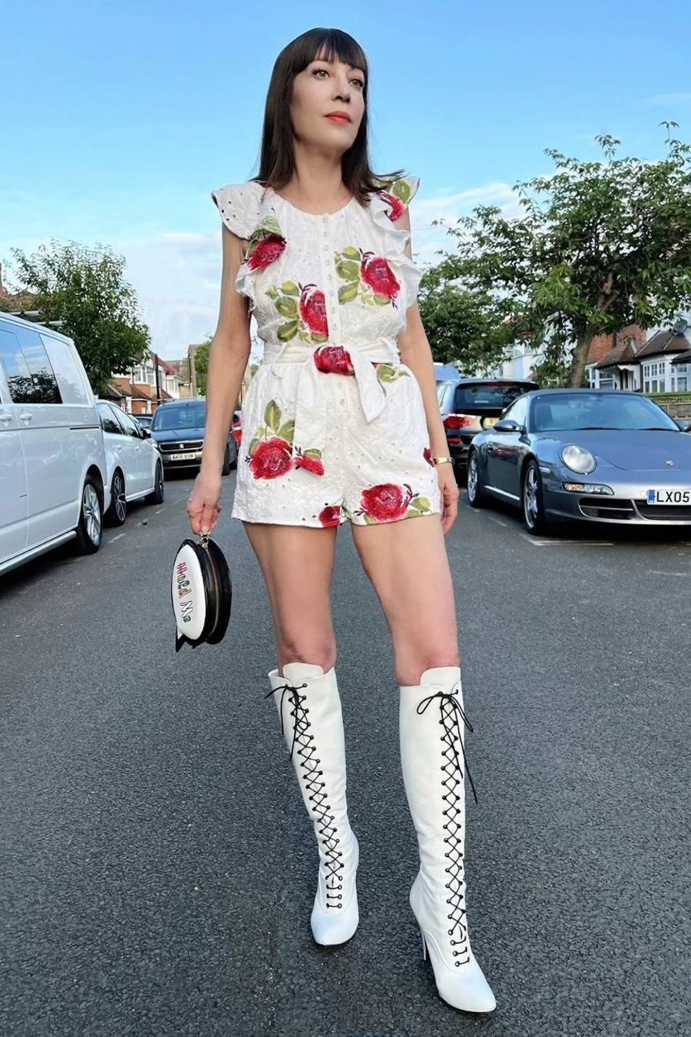 white-boot-outfits-4 White Printed Romper & Lace-Up Knee-High Boots