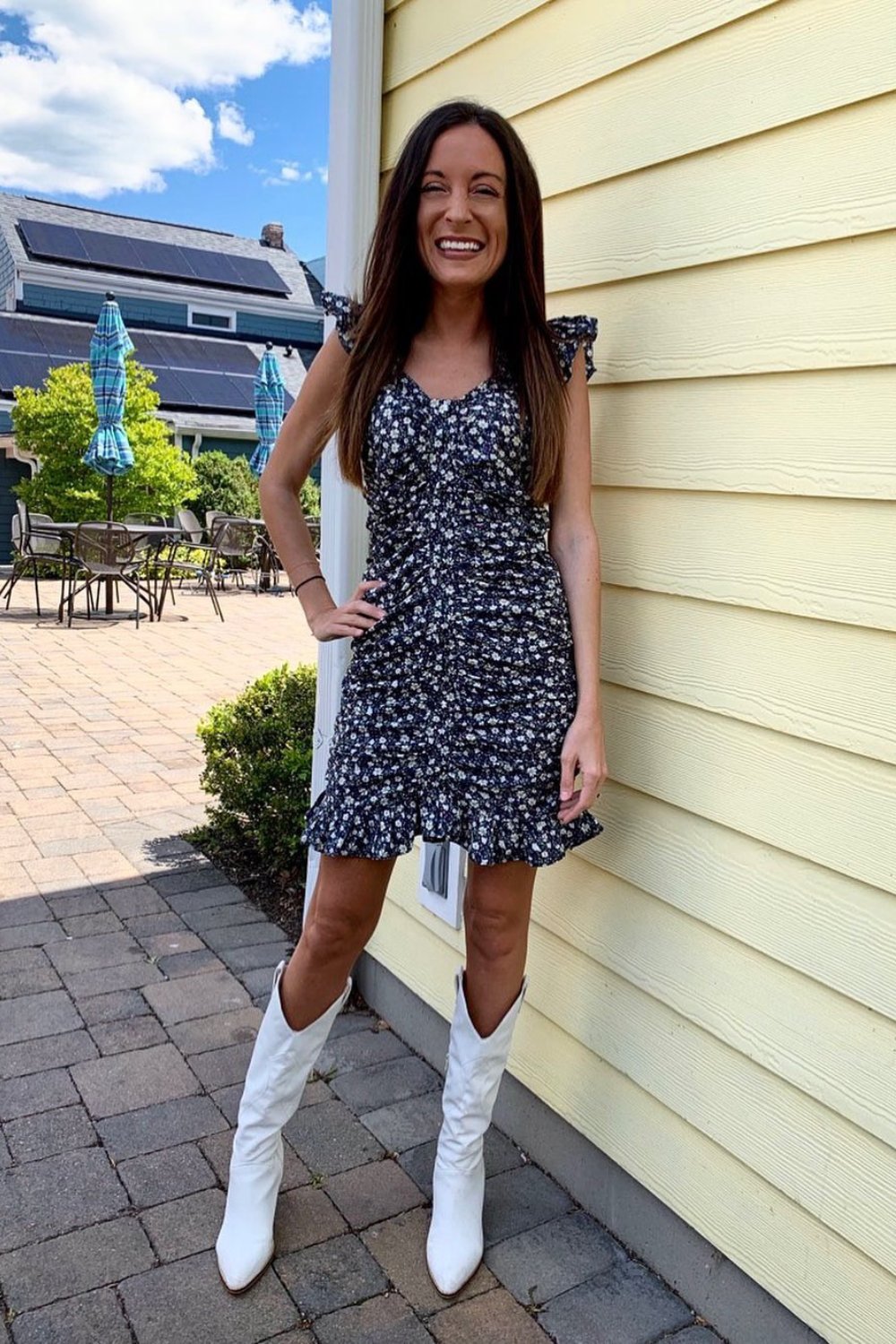white-boot-outfits Dark Floral Mini Dress & Knee-High White Boots