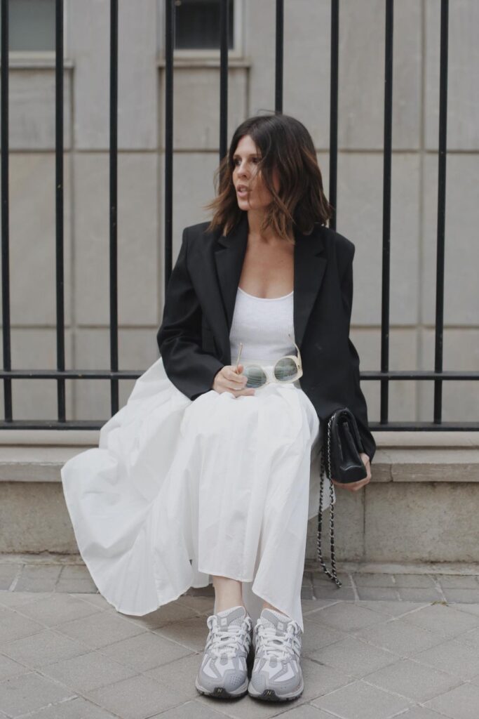 white-skirt-outfits-8-683x1024-1 Blazer and Maxi Skirt with Sneakers
