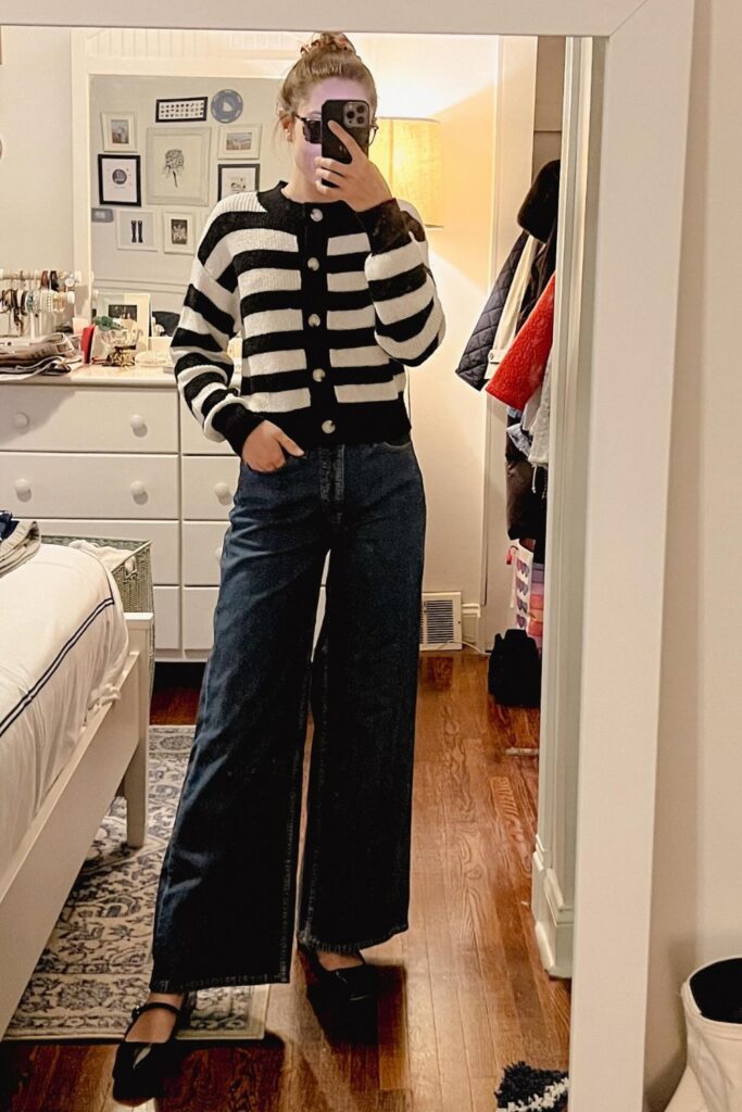 wide-leg-jeans-outfit-ideas-2-683x1024-1 Cardigan, Mary Janes, and Dark Denim