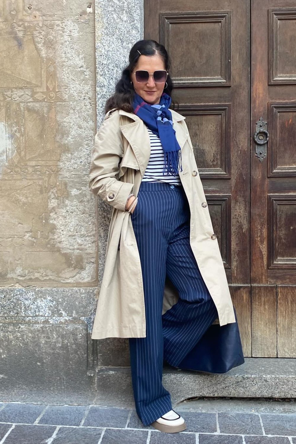 wide-leg-pants-outfits-22 Beige Trench Coat, Striped Navy & Navy Pinstripe Wide-Leg Pants