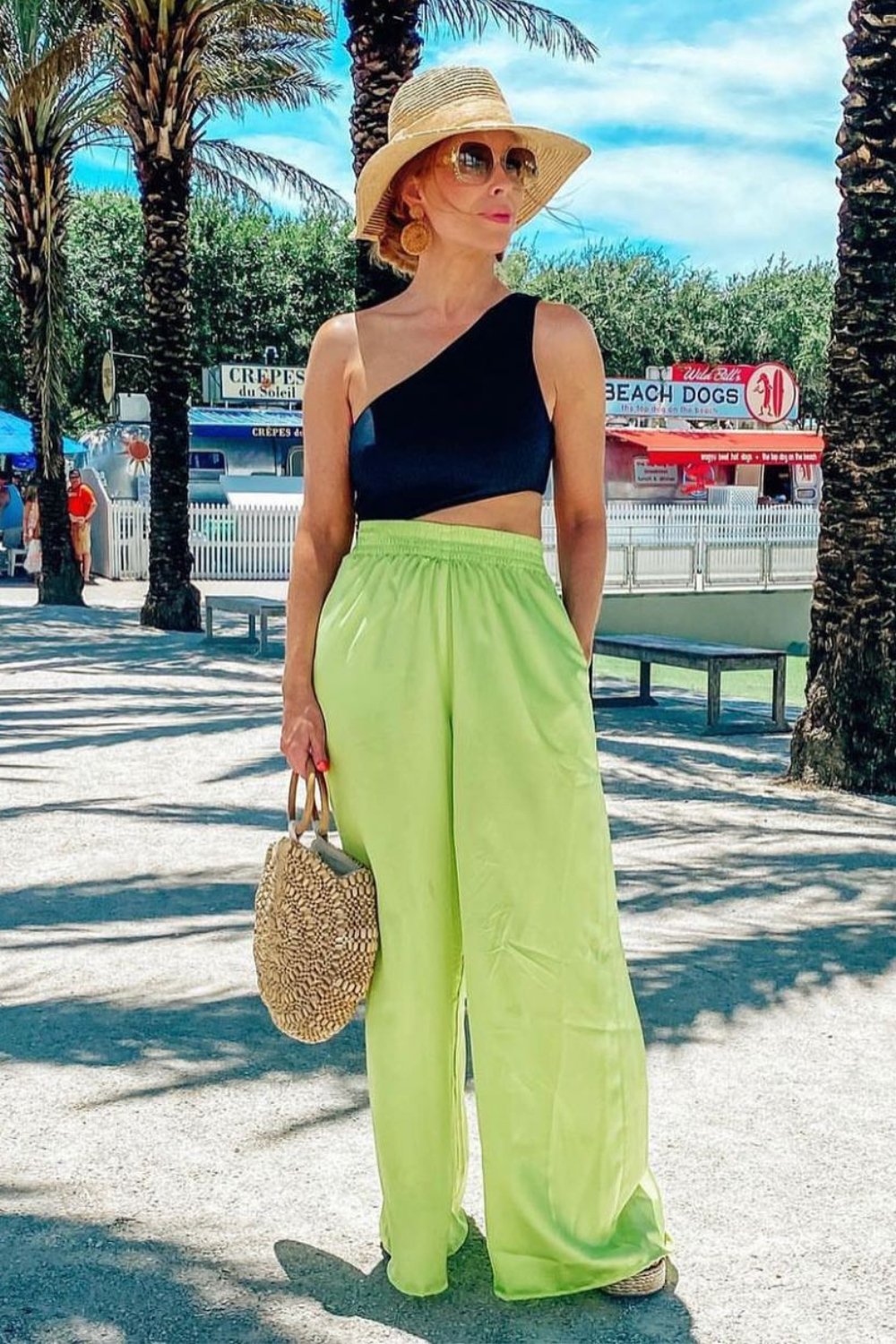 wide-leg-pants-outfits-4 Black One-Shoulder Crop Top, Lime Green Wide-Leg Pants