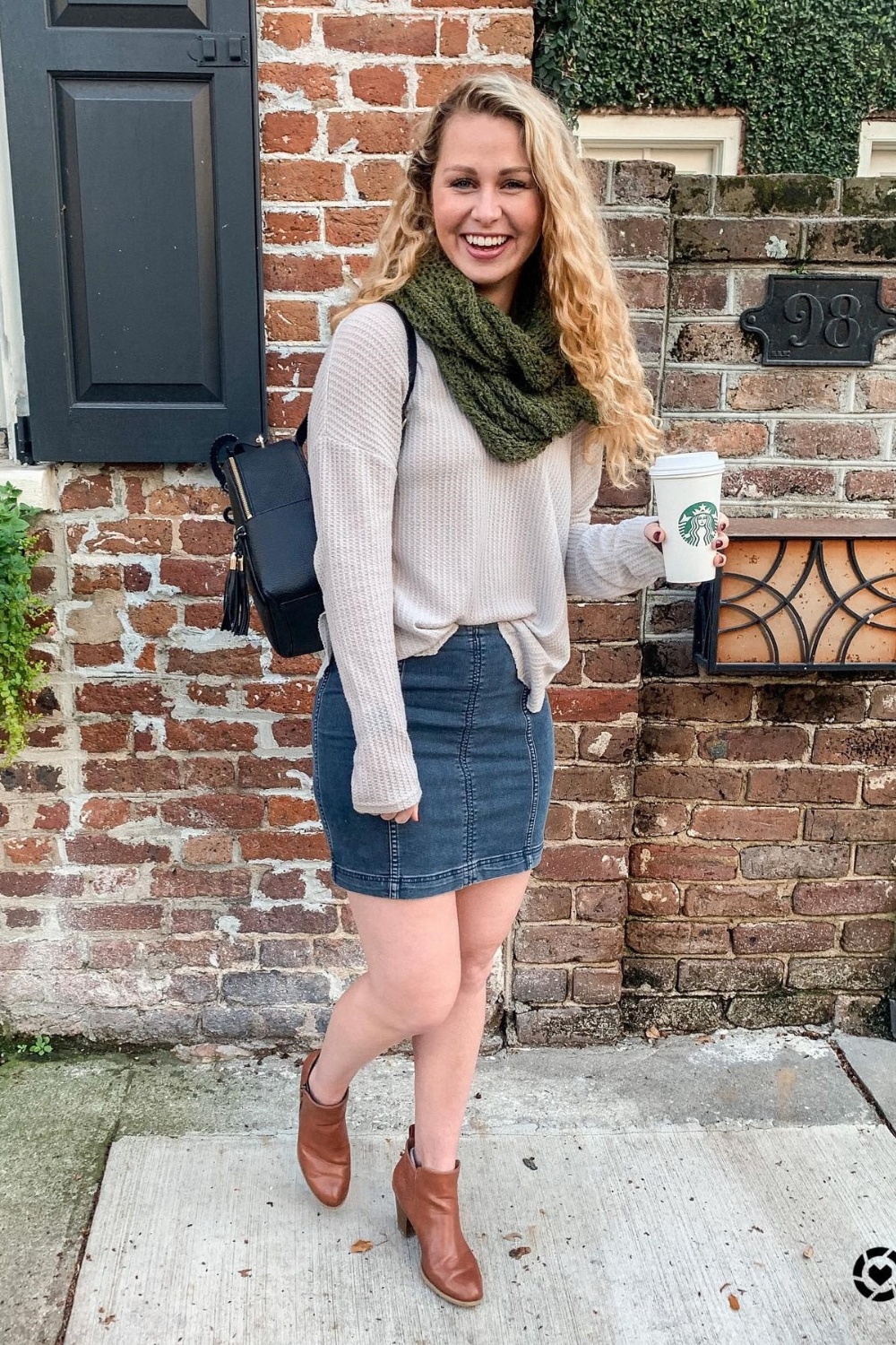 winter-skirt-outfit Casual Cool: Denim Mini Skirt and Chunky Knits